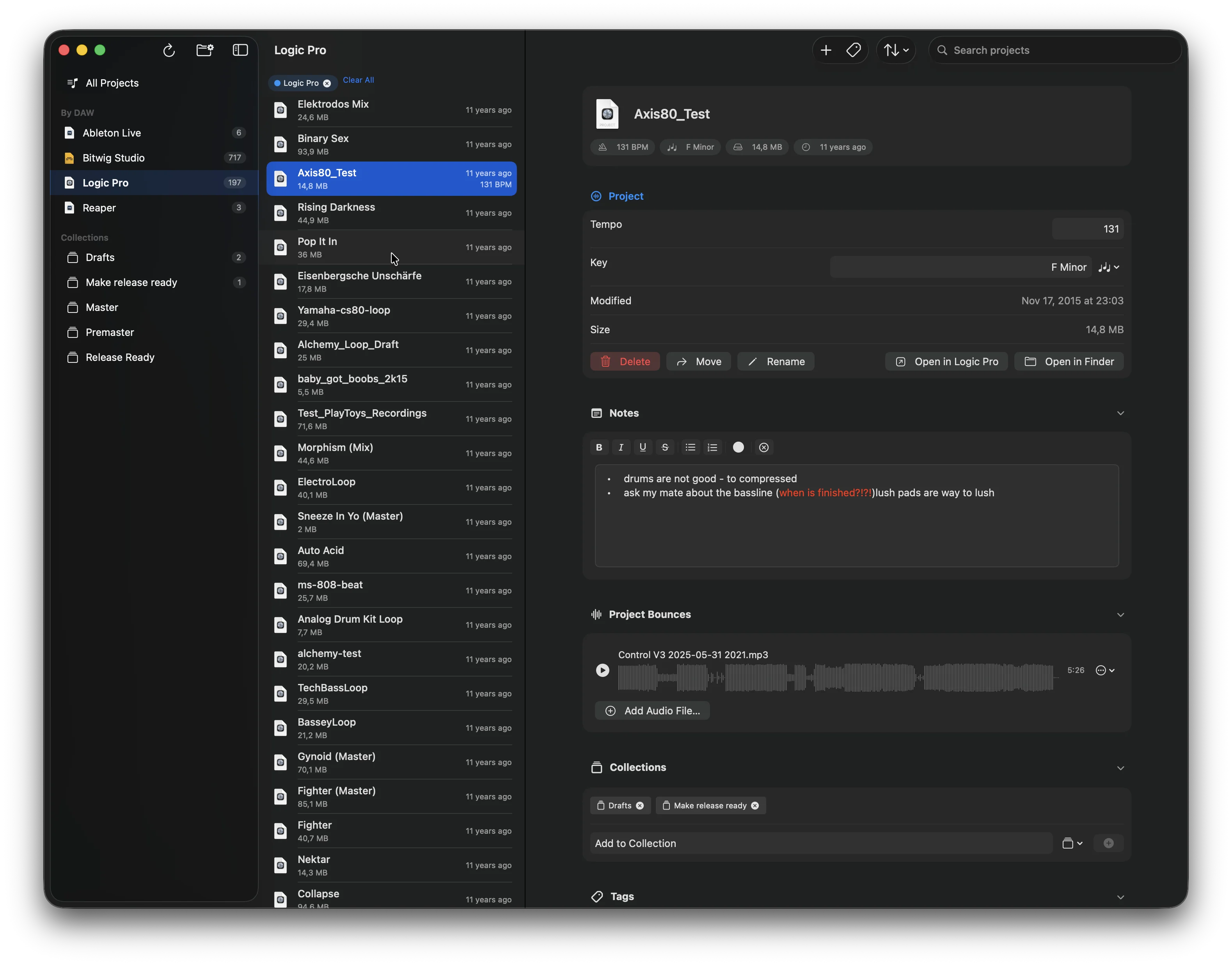 Dawfolio showing DAW projects grouped by DAW, with tempo, key and notes for each one.